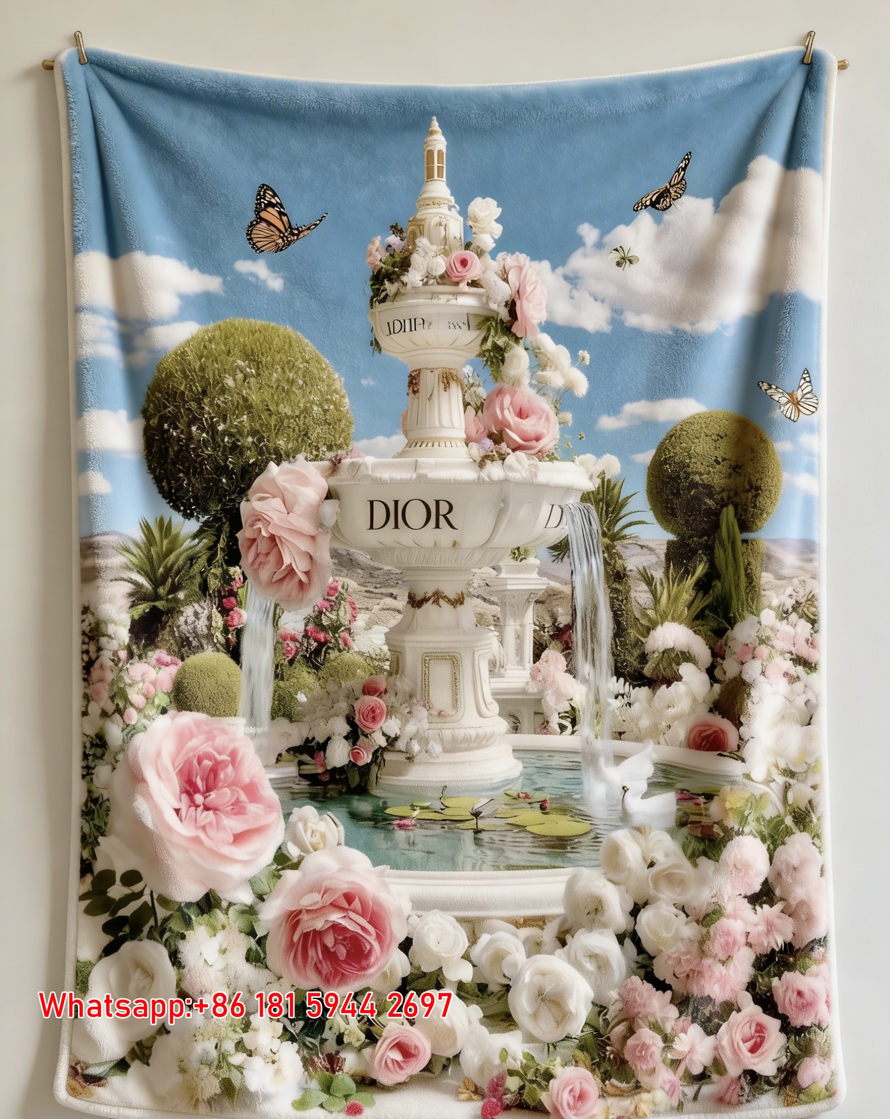 Dior Pink Rose Garden Fountain Flannel Blanket Throw Sofa Decor D128